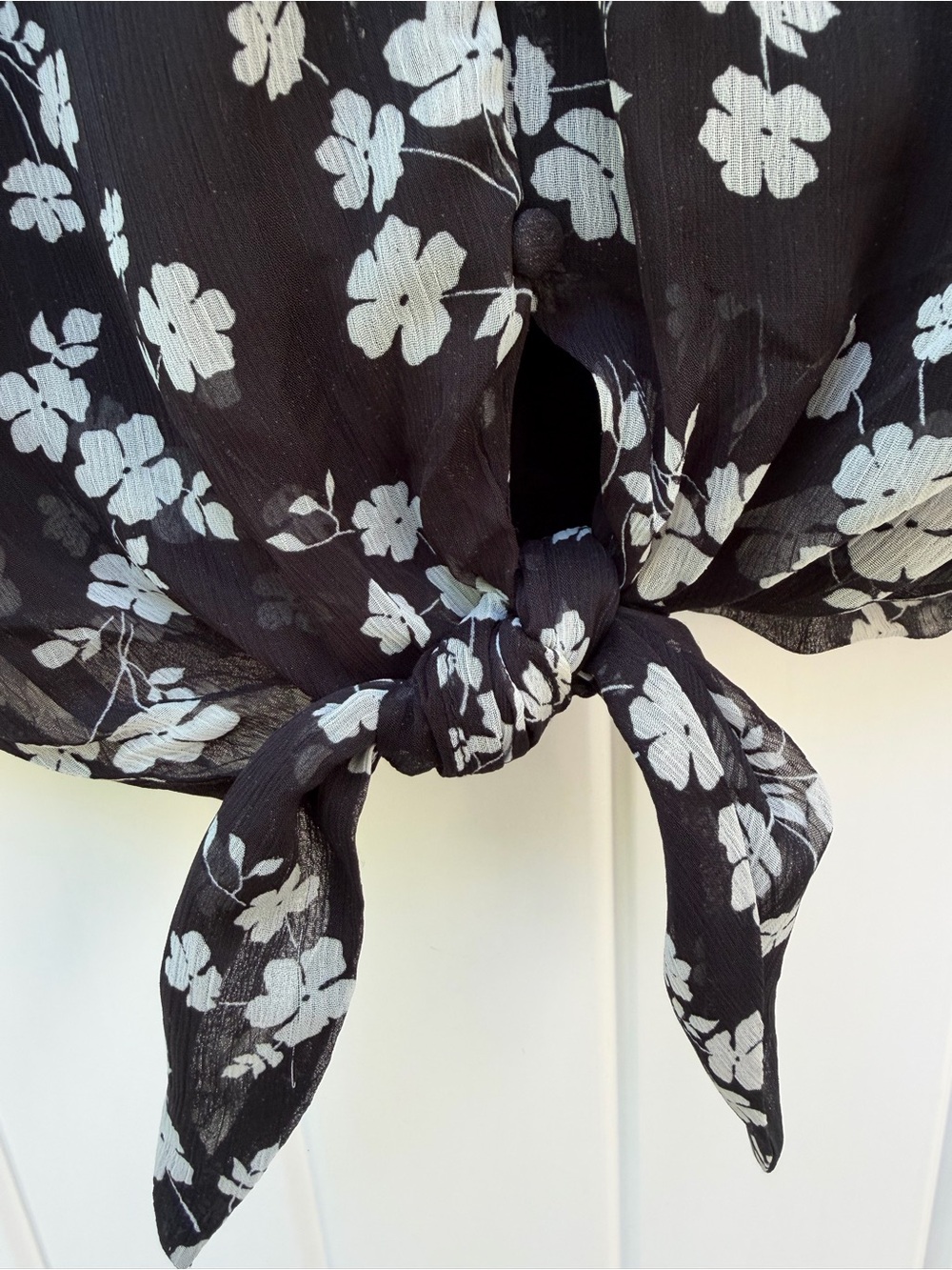 HaverBlack Floral Tie-Front Blouse- Top Button down - V-neck -short sheer sleeve - Picture 6 of 15